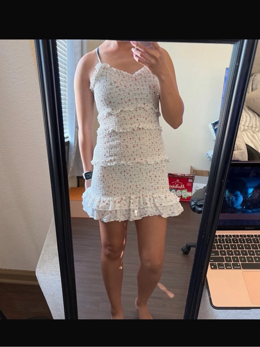 Ruched White Mini Dress with Pink Floral Print